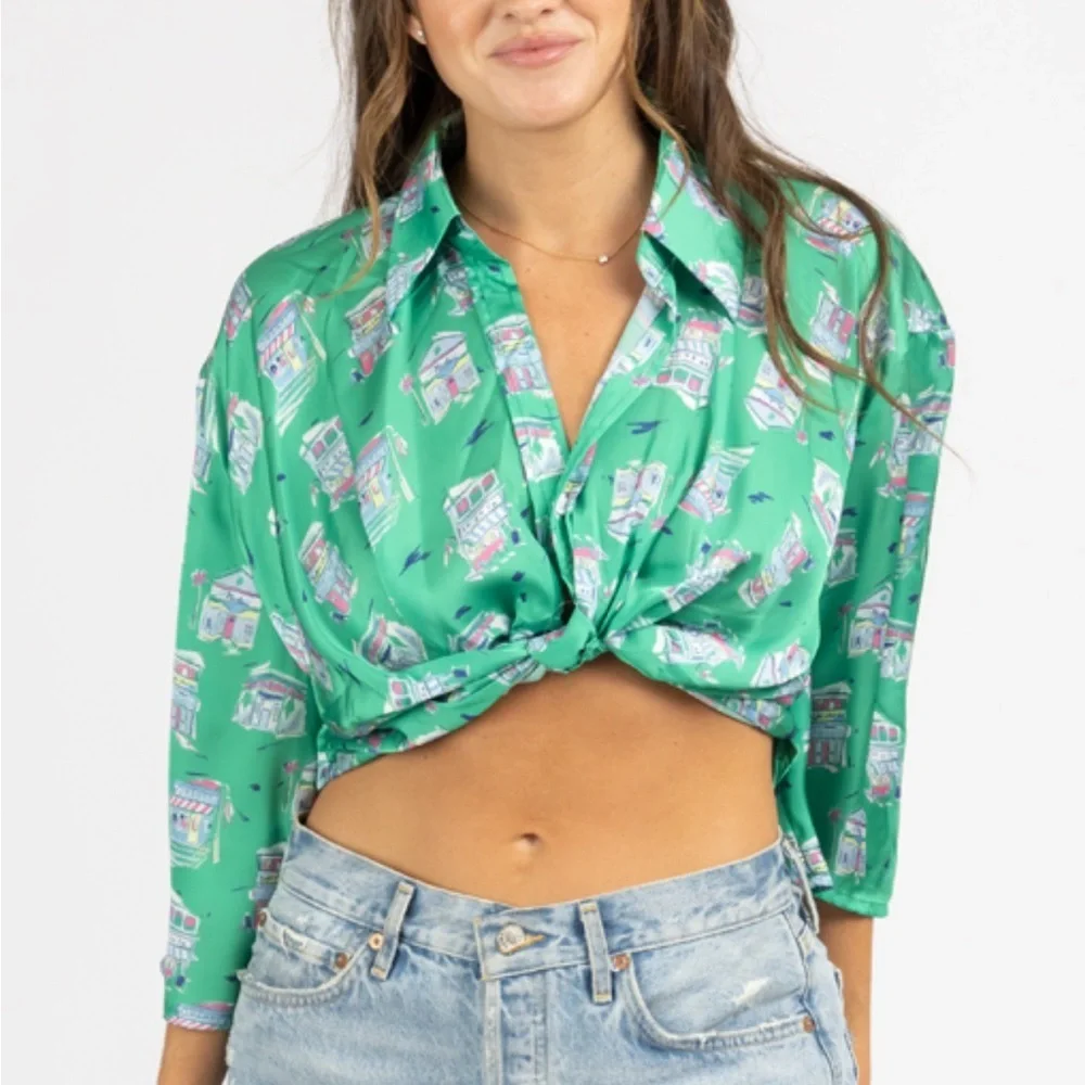 Zara Green Button Down Crop Top with Notched Collar - Picture 3 of 12
